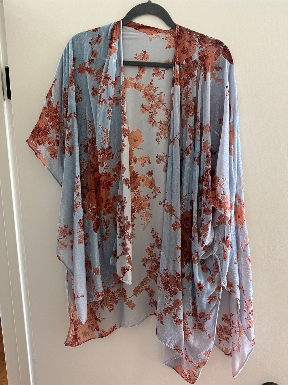 Sky blue and red faux velvet wrap/throw tunic top